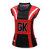 A black and red netball polo shirt with a collar and a front pocket featuring 'GK' lettering. It has a logo on it.