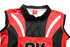 A red and black netball polo featuring a collar and logo on the front.