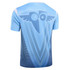 A light blue sublimation round neck tee with a graphic design and a logo on the back.