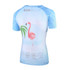 A women's tee featuring a light blue design with a flamingo and palm leaves on the back. It has a logo.