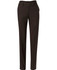 Women's low rise pants in dark brown poly/viscose stretch fabric, featuring a sleek design and a branded tag.