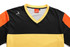 A V-neck tee in black, yellow, and orange with a logo on the left side.