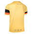 A yellow custom T-shirt featuring short sleeves, with black and orange stripes. It has a logo on the back.