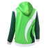 A green and white custom athletic hoodie with a distinctive swirl design and a hood. Features a logo on the front.