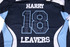 A navy blue hoodie with light blue accents featuring the name "HARRY," the number "18," and the word "LEAVERS."