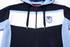 A polar fleece hoodie featuring navy blue, light blue, and white stripes, with a logo on the chest.