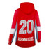 A red polar fleece hoodie featuring a hood, grey accents, and a large number 20 on the back with a name beneath.