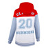 A hooded fleece hoodie in red, white, and light blue, featuring a back design with 'Class of 20' and 'Hermione'.