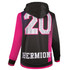 A women's hoodie jacket in pink and black with a large number "20" and the word "HERMONY" on the back, featuring a logo.