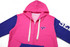 A pink and blue school cotton hoodie with a logo and contrasting sleeves.