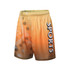 Shorts in shades of orange and brown with a gradient design and a logo on the side.