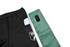 Black shorts with a white patch and a green side panel, featuring a logo.