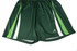 Green shorts featuring white and light green stripes, with a logo on the lower left side.