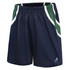 Athletic shorts in navy blue with green and white accents, featuring a logo on the front.
