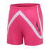 A pair of pink shorts featuring white and black designs, with an elastic waistband and no visible branding.