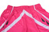 A pair of pink shorts featuring white and black design elements, with an elastic waistband.