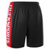 Black shorts with a red side panel featuring a logo. Made from lightweight material for comfort.