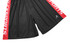 A pair of black shorts with red side stripes and a logo.