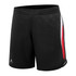 Woven long shorts in black with a red and white design, featuring an emblem on the lower leg.