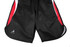 Woven long shorts in black with red and white accents; features a small logo on the side.