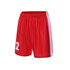 Red women's soccer uniform shorts with white side panels and a number on the front, featuring an elastic waistband.