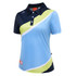 A women's polo shirt featuring light blue, navy, and lime green colours, with a subtle logo and buttoned collar.