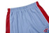 Cotton back school shorts in light blue with red side panels and a logo on the bottom.