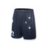 Black soccer shorts featuring white stars and a logo. The fabric is mesh with an athletic cut.