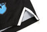 Black school wear shorts featuring a blue owl logo with white detailing on the hems.