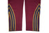 Zipper bottom training pants in maroon, featuring decorative stripes in gold, blue, and red. Includes a small logo.