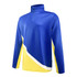 A pullover with a high collar in blue and yellow, featuring a dynamic printed design and a logo on the chest.