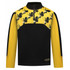 A yellow and black pullover jumper with a floral design on the upper part and a logo on the front.