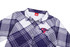 A flannel women's shirt featuring a purple and white plaid pattern with a small logo.
