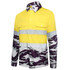 A hi-vis reflective workwear shirt in yellow with purple camouflage patterns and reflective strips. It features a logo.