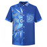 A short-sleeved blue shirt featuring intricate blue patterns and a pocket on the front. The shirt has a button-down collar.