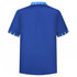 A blue indigenous shirt featuring a patterned collar and cuffs, with a simple logo on the back.