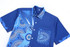 A blue short-sleeved shirt featuring intricate patterns in various shades of blue, with a pocket design and branding.