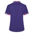 A purple short-sleeve shirt with patterned pink and multicoloured sleeves and a logo on the back.