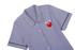 A short-sleeved school girl blouse in blue with a red owl logo and navy trim. Features a button-up front and collar.