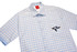 A blue and white checked school wear shirt with short sleeves and a logo on the chest.