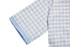 A light blue and white checked school wear shirt with a short sleeve and a cuffed finish. It features a logo.