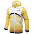 A yellow and white winter coat with removable sleeves and hood, featuring a logo and quilted design.