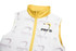 A white and yellow sleeveless winter coat with a zip and a logo. Features a puffer design for warmth.