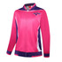 A pink and purple varsity jacket featuring a logo on the chest and contrasting stripes along the sleeves.