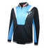 A zippered varsity jacket in blue and black with a logo on the chest, featuring white accents and striped cuffs.
