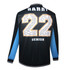 A black varsity jacket with blue sleeves and the number 22 prominently displayed on the back, featuring a logo.