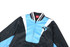 A black and light blue varsity jacket featuring a logo on the chest and a striped collar.
