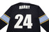 A black sports jumper featuring a white number "24" and a name on the back, with blue and yellow stripes on the sleeves.