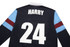 A black sports jumper featuring blue and maroon sleeves, with a large white number 24 and the name Harry.
