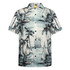 A short-sleeved shirt featuring a nautical design with ships and palm trees in shades of blue and white.